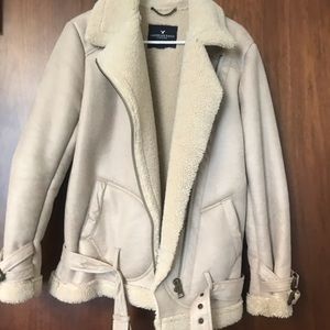 American Eagle Faux Shearling Moto Jacket (Beige)